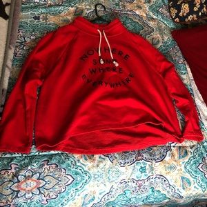 red graphic mock neck pullover sweatshirt